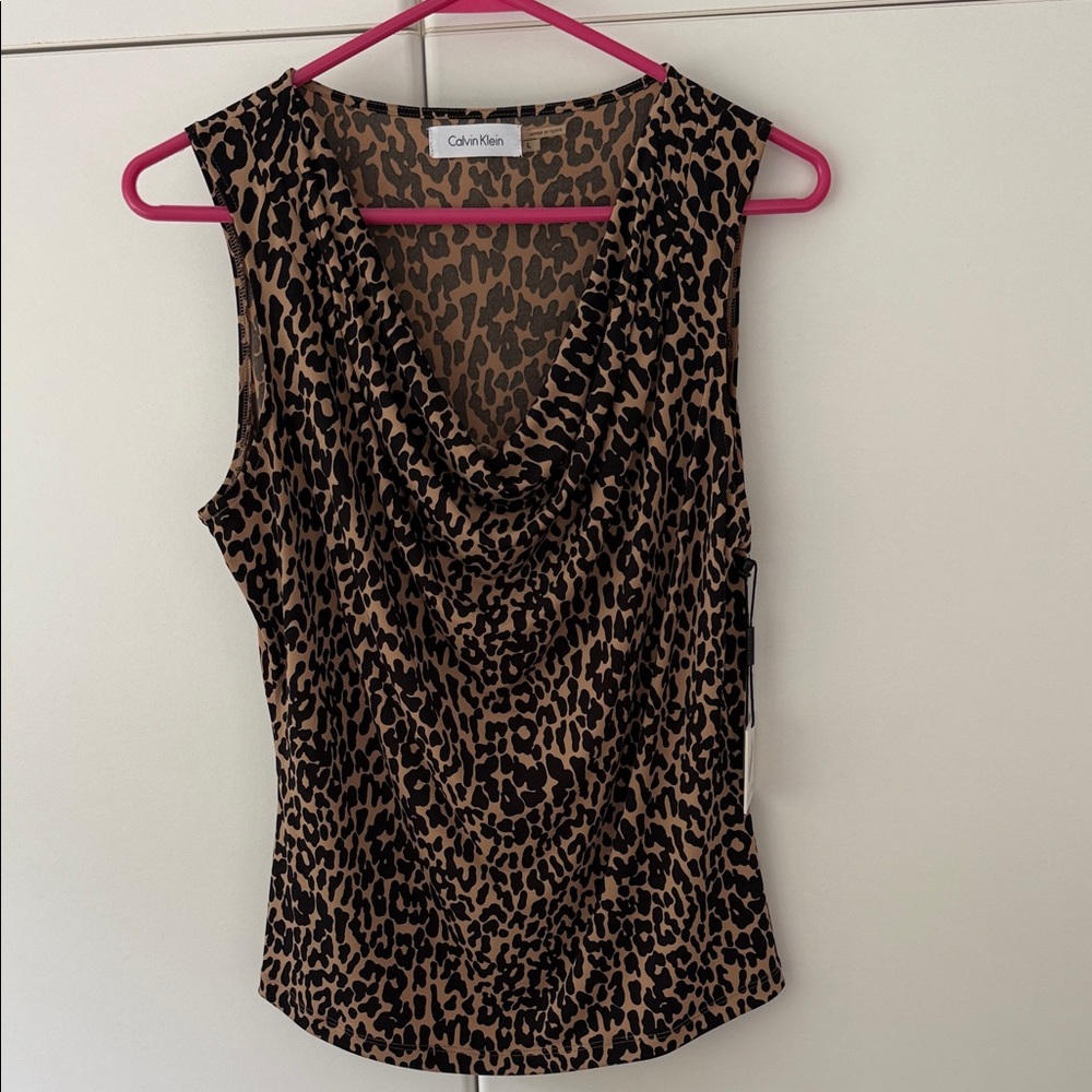 🐆Calvin Klein Suits~sleeveless blouse with draped cowl neckline in leopard print
